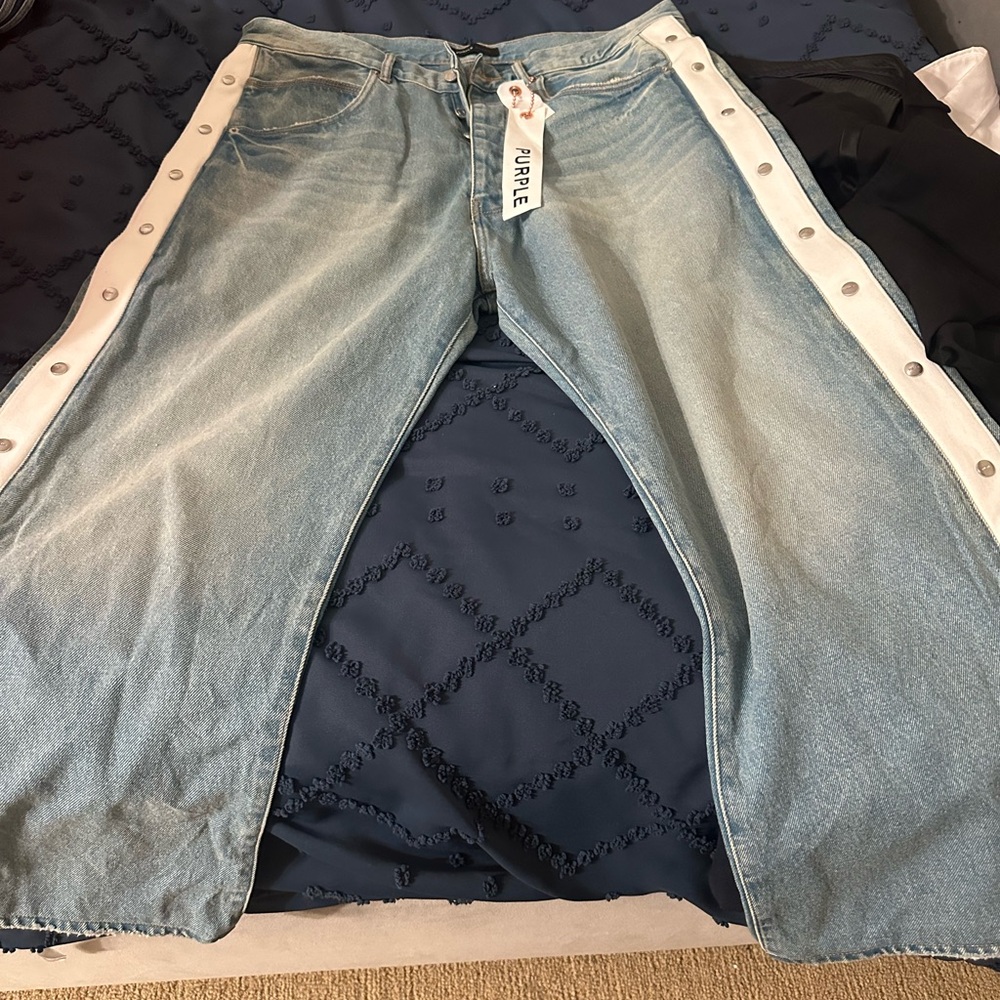 Trendy Blue Bootcut Jeans with White Accents